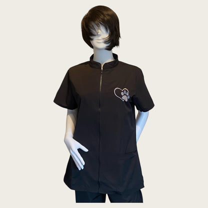 Embroidered Zip Up hair resistant grooming tunic in black with grey embroidered paw print logo - Groomtec apparel