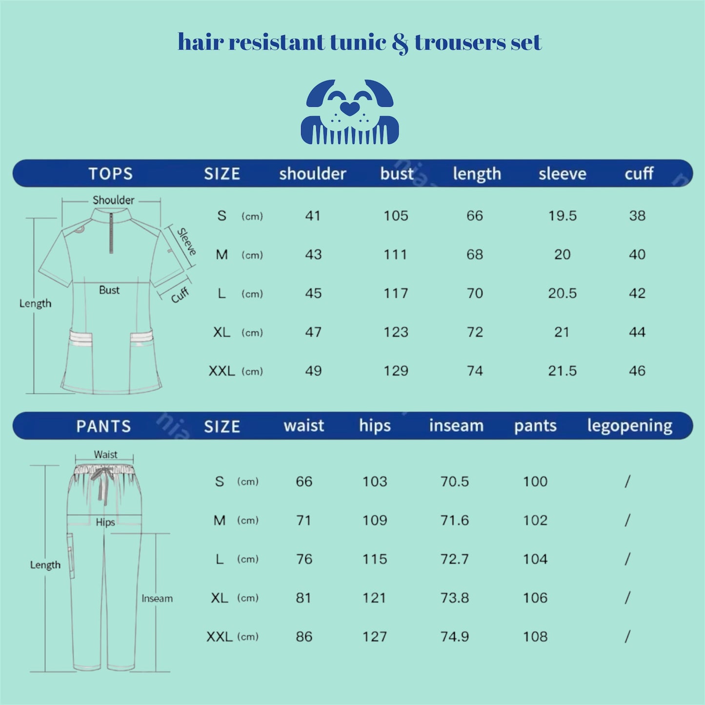 Measurement chart for hair resistant tunic and trousers set with size dimensions on a light blue background.