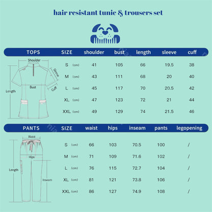 Measurement chart for hair resistant tunic and trousers set with size dimensions on a light blue background.